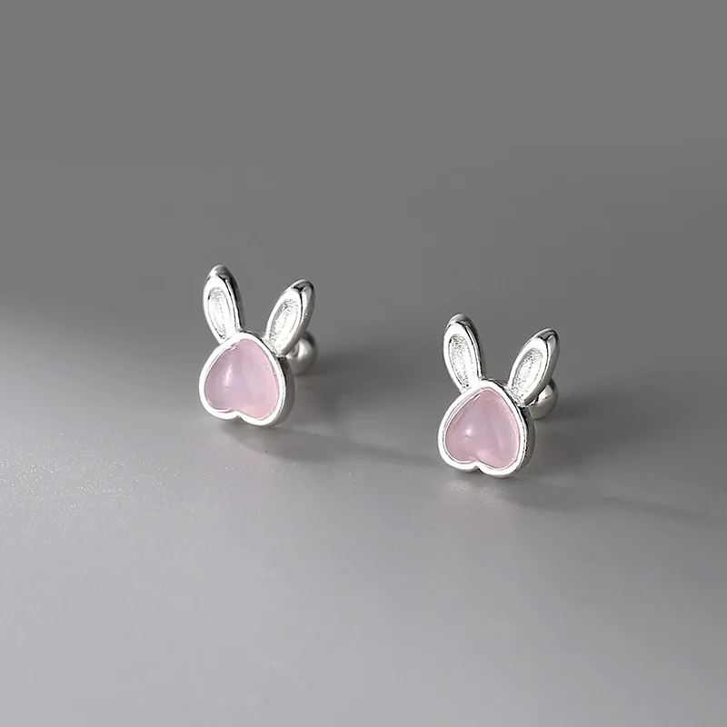 rabbit Moonstone screw ear rings Sterling Silver 925 Cute Minnie Finest Austrian Crystals Stud Earrings For Kid Little Girls