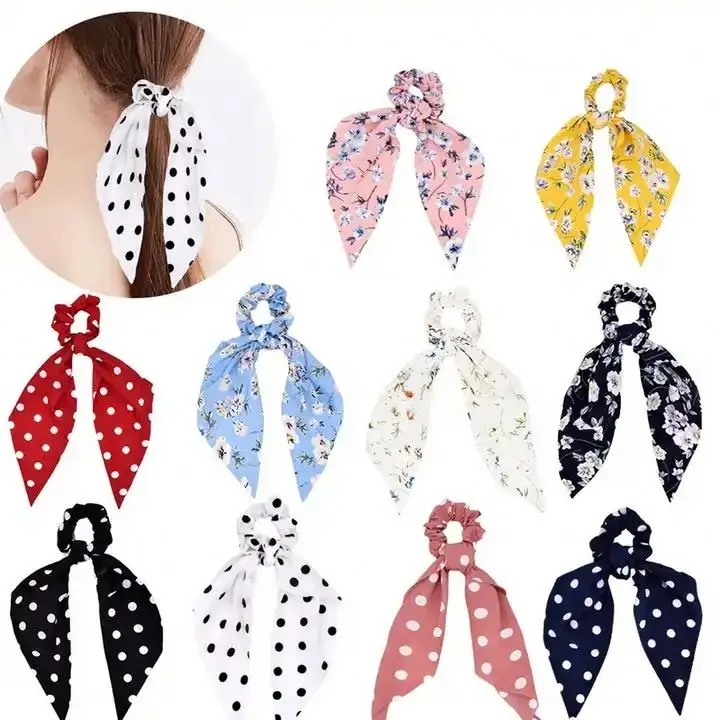 1 Fashion Print Long Ribbon Scrunchies Women Girls Ponytail Scarf Elastic Hair Bands Ties Hair Accessories