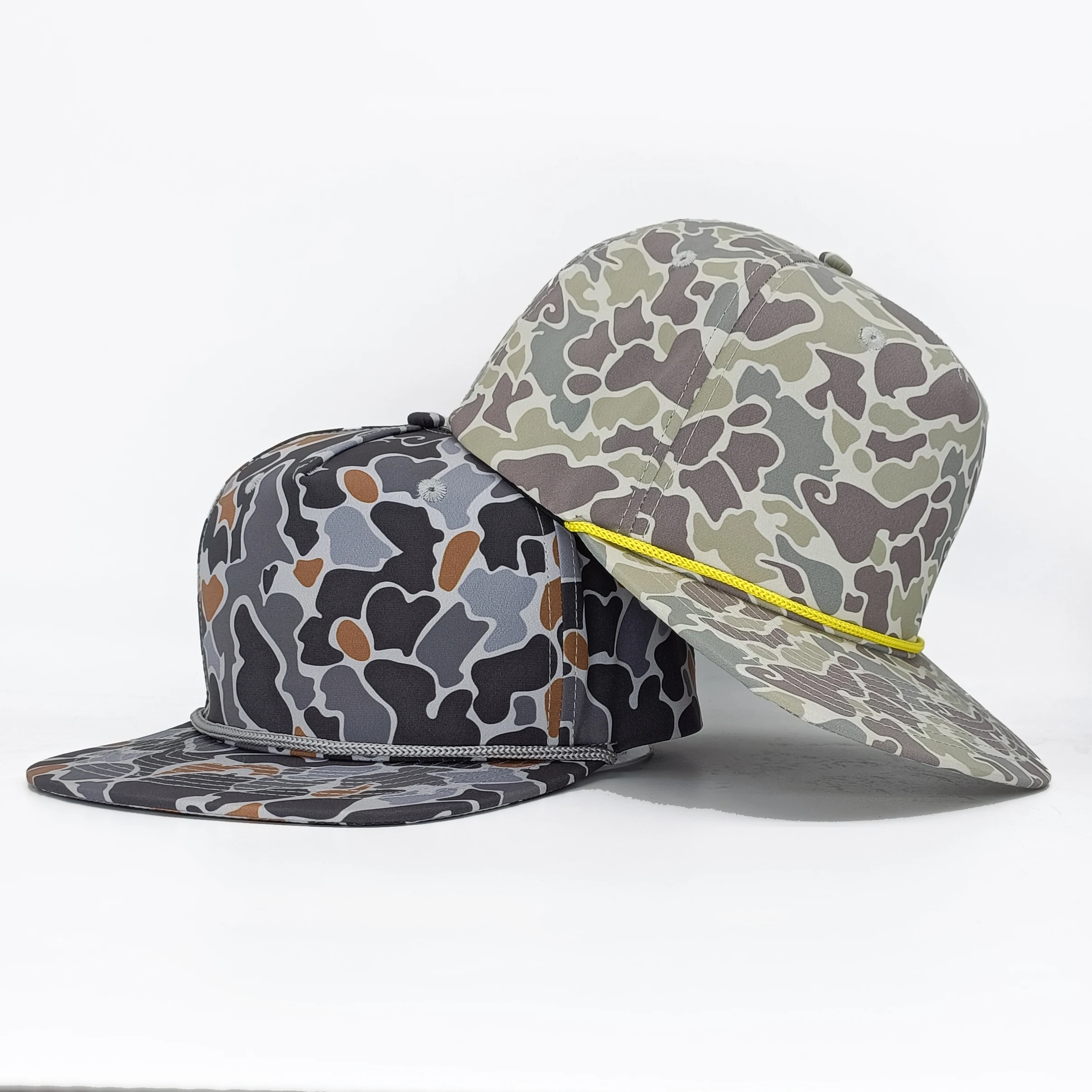 Oem Custom 5 Panel Mens Flat Bill Outdoor Woven Patch Logo Old School Duck Camo Gorras Hunting Fishing Rope Snapback Cap Hat