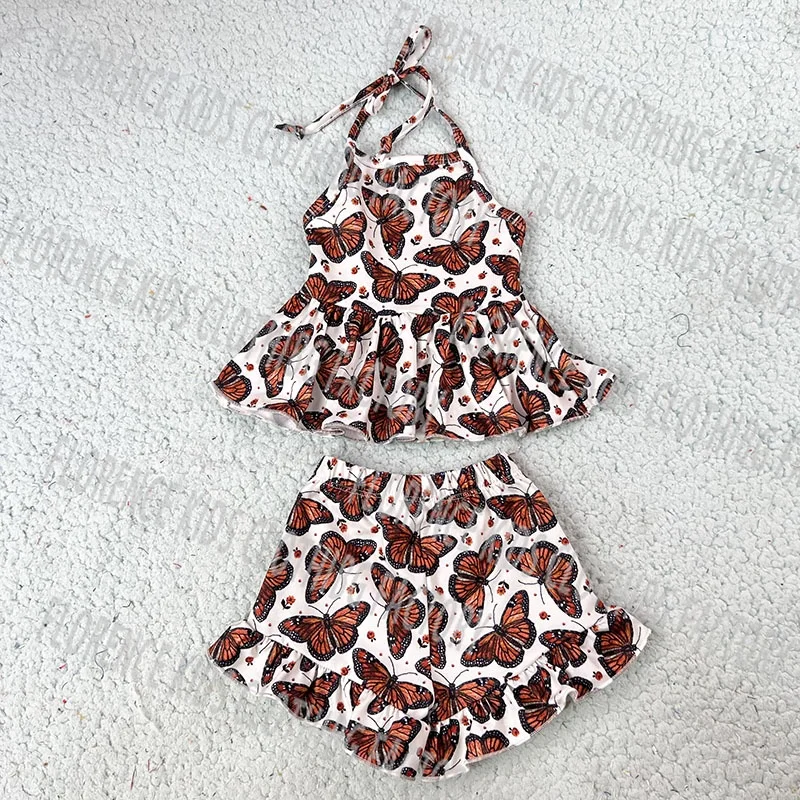 DH ODM custom summer butterfly print halter top ruffle shorts toddler children outfit girls clothing sets