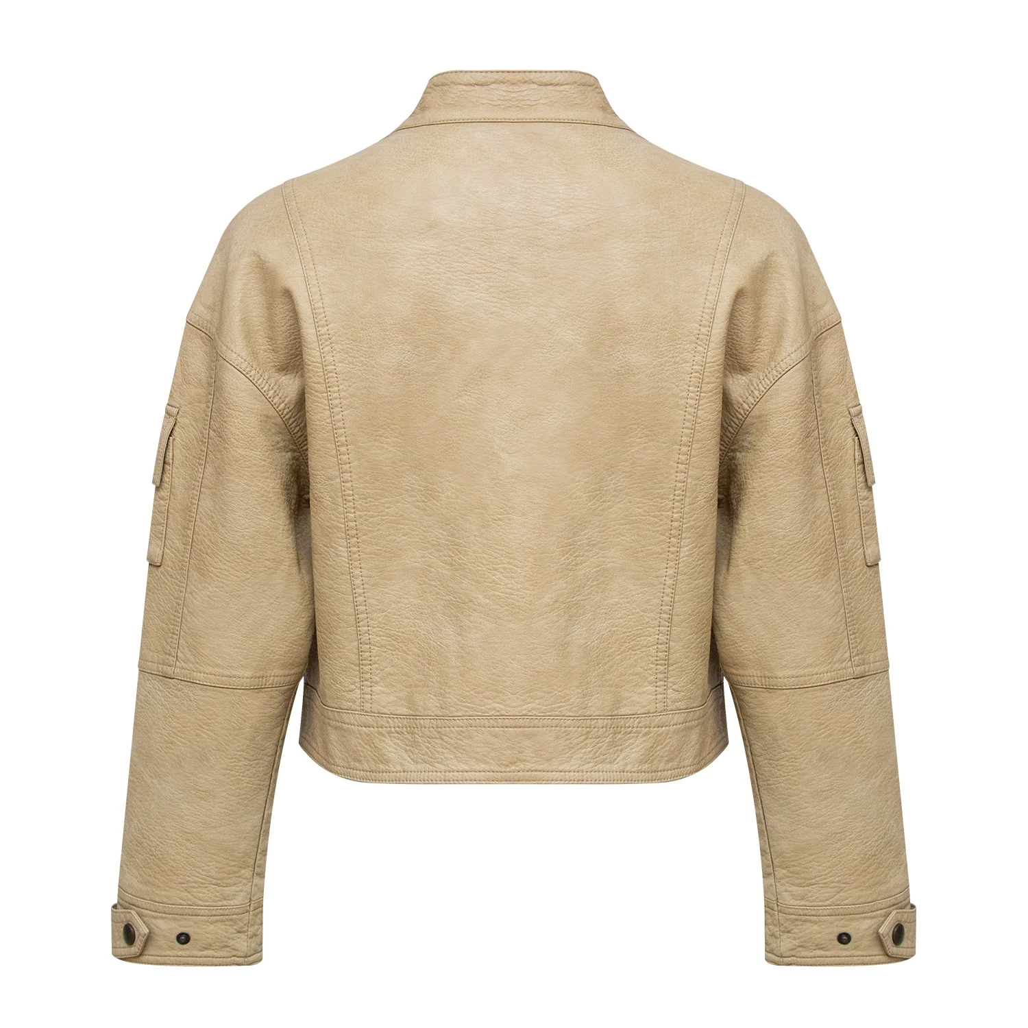 Wholesale Manufacturers Multi Pocket Casual Outerwear Custom Zipper Stylish Designer Beige Leather Bomber Jacket for Women