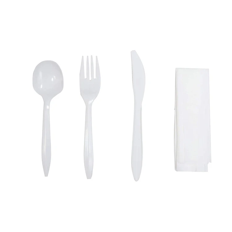 White Plastic Black Spoon Fork Knife Disposable Cutlery With Paper Napkin