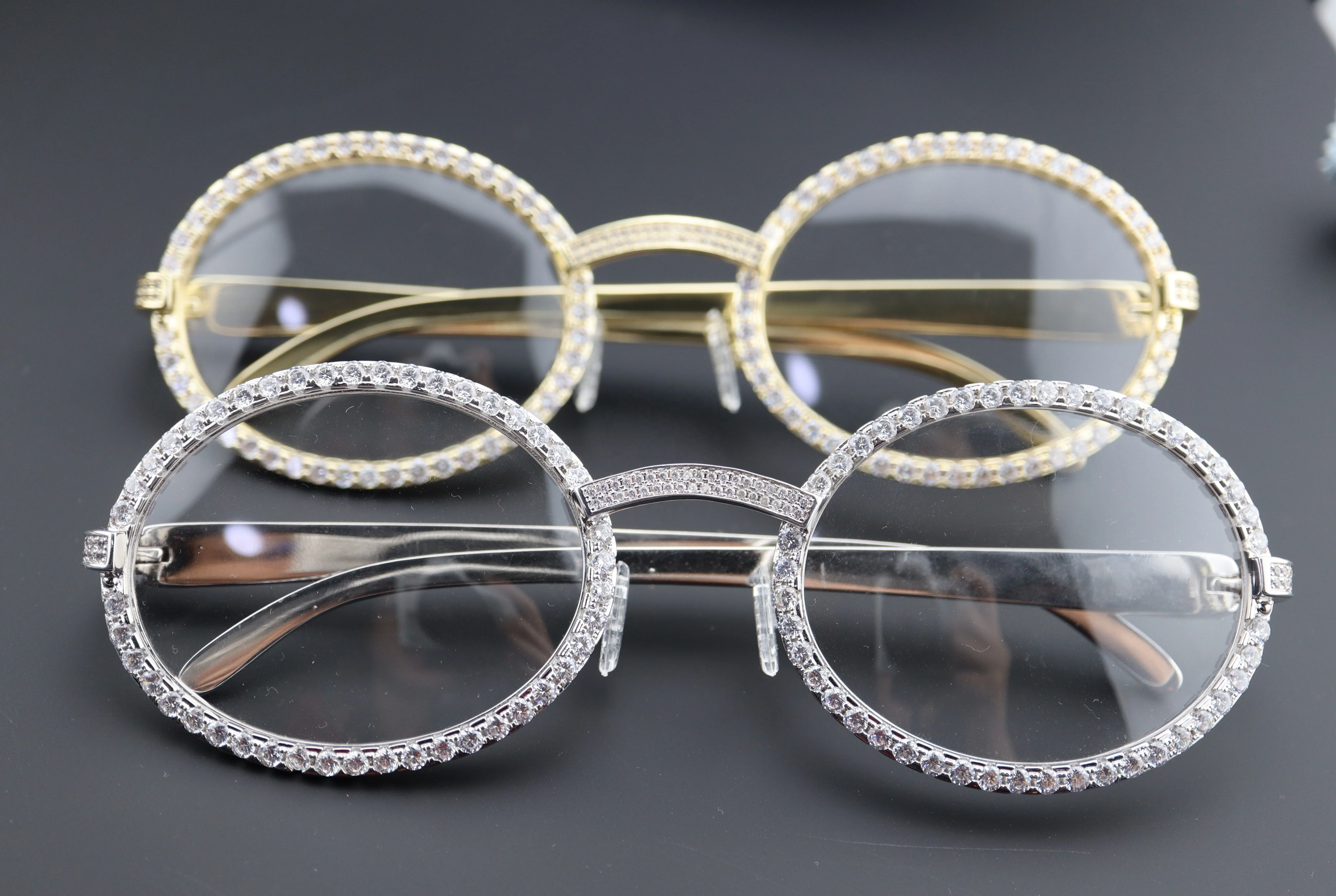 
cz diamond iced out metal hip hop round frame clear lens glasses 