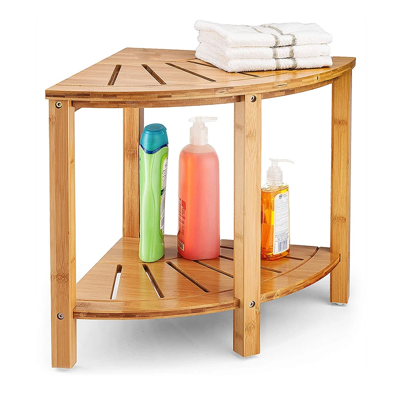 Eco-friendly Bamboo Corner Shower Seat with Shelf