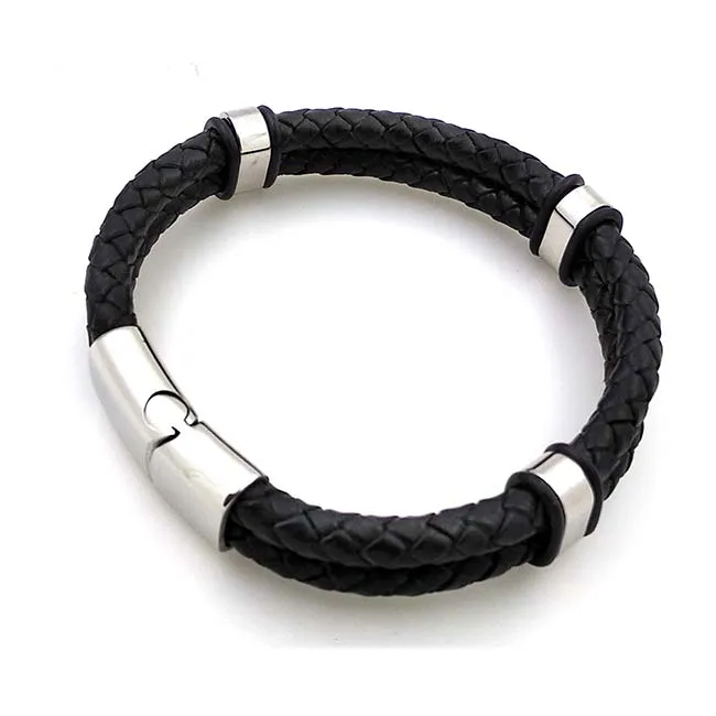 Stainless Steel 3 Rings Genuine Leather Bracelet For Men