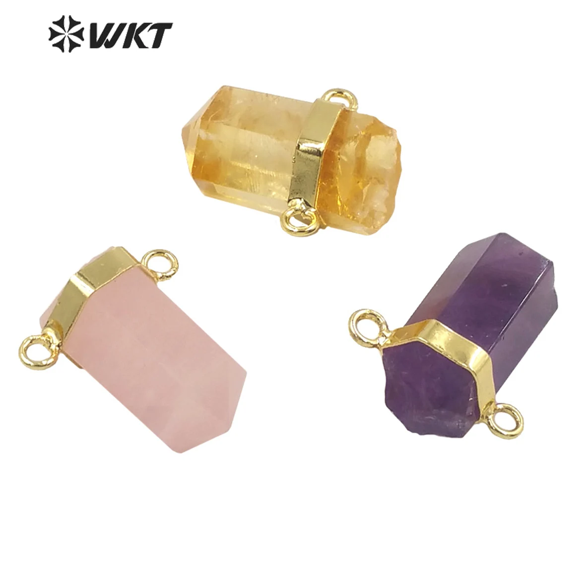WT-P1763 Graceful Double Loops Hexagonal Cylinder Natural Stone Pendant Energy Citrine Crystal Pillar Pink quartz Amethyst