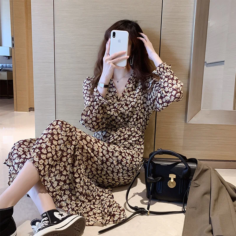 Small Female Autumn Collect Waist Show Thin Floral Chiffon Dress French Bottom Floral Dress