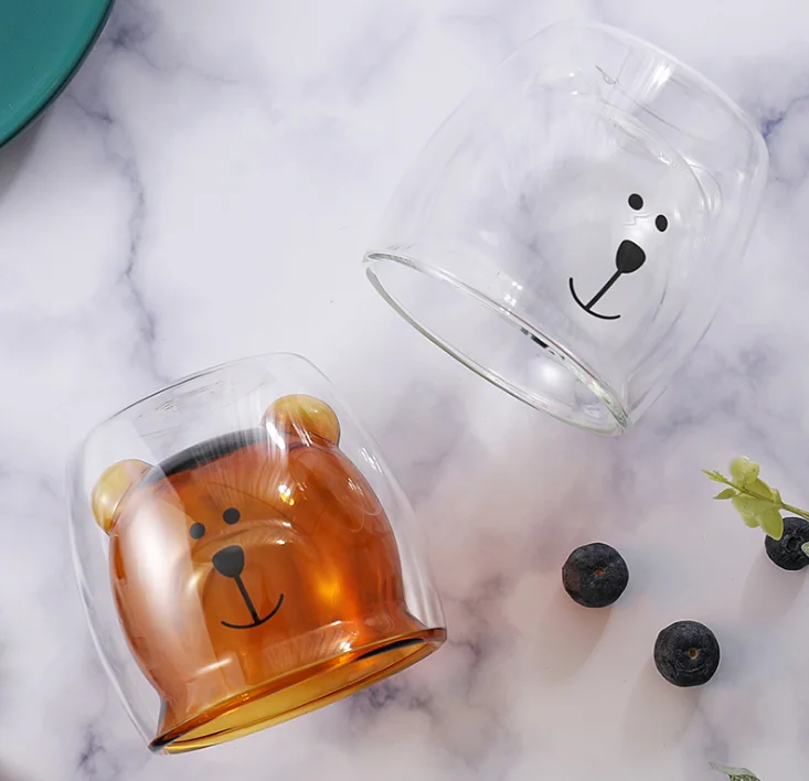 
Heat- resistant Reusable Color Cute Design GlassTumbler Double Wall Bear Glass Cup for Water Beer Drinking 