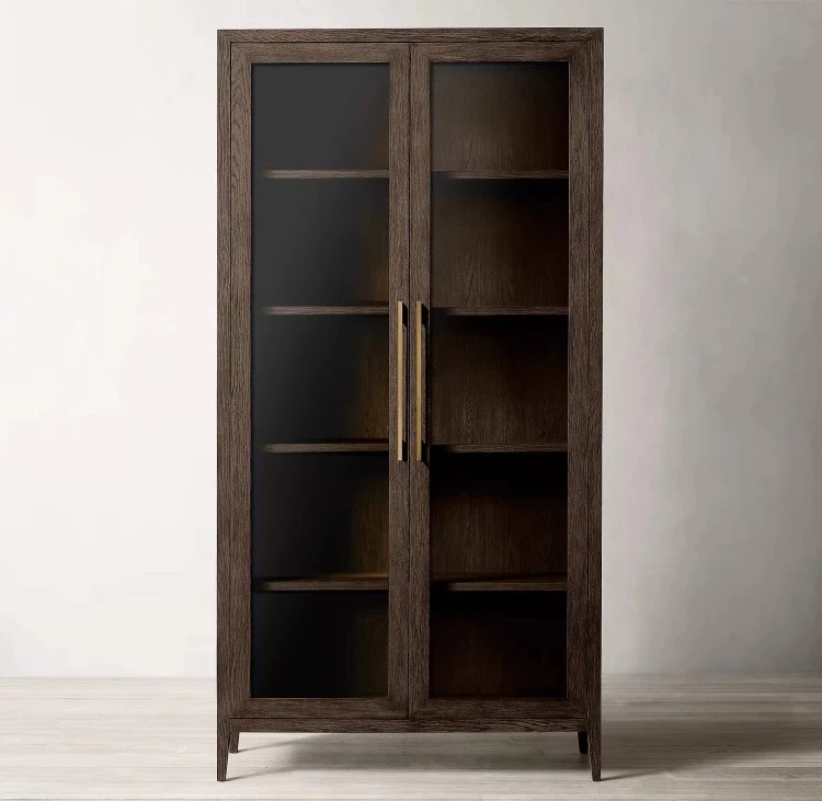 RH American Solid Wood Bookcase Living Room French Glass Door Display Cabinet Oak Retro Wall Locker Floor Cabinet Custom