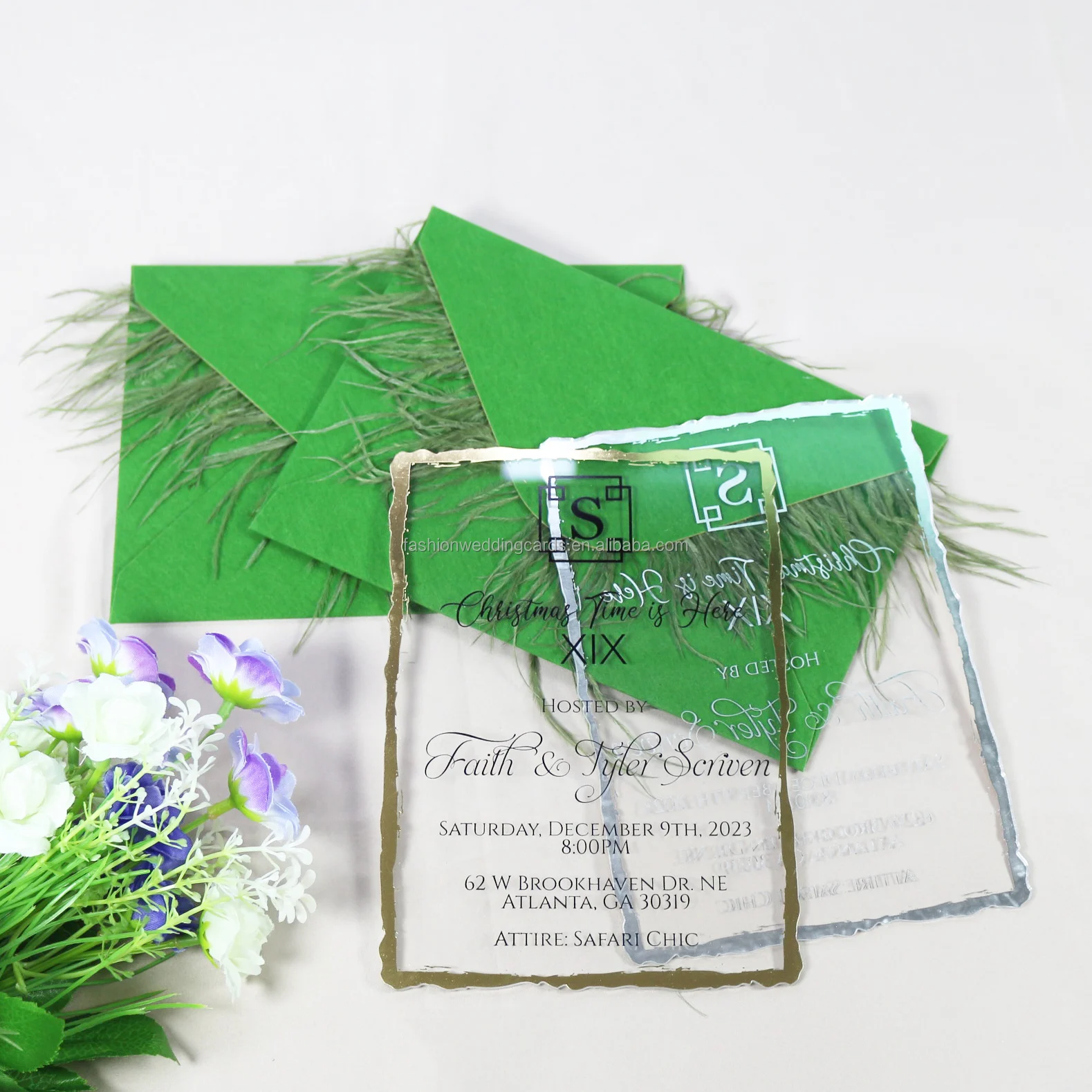 2024 Newest Chic Feather Design Custom Color Velvet Envelope Clear Acrylic Invitations Luxury Wedding Acrylic Invitation Cards