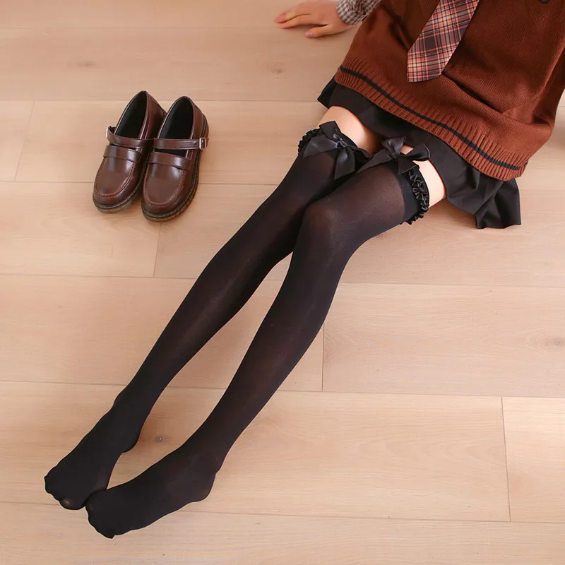 Spring and summer thin knee length stockings for women, sexy transparent lace lace lace bow