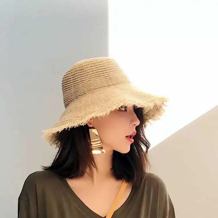 
Wholesale female outdoor travel beach fashion ladies hat handmade floppy collapsible summer sun straw hat visor bucket hat 
