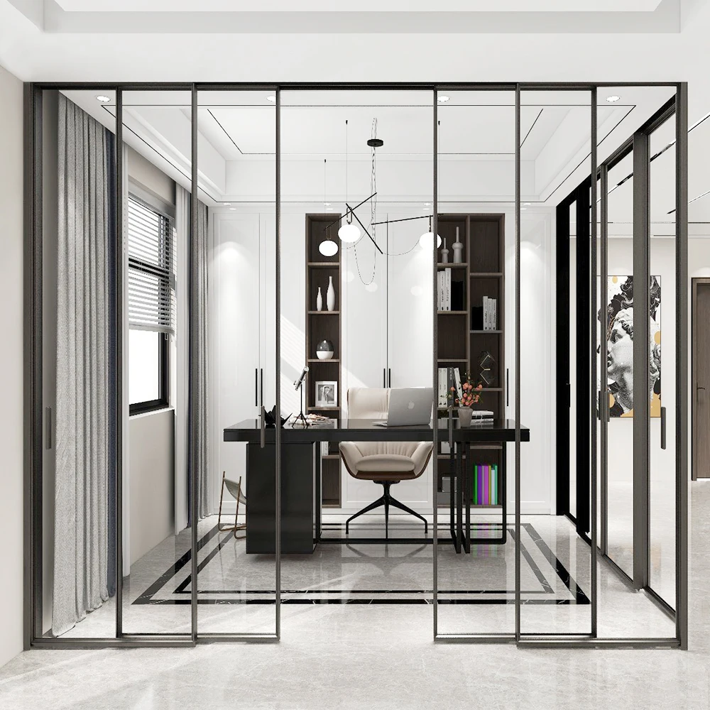 Telescopic Living Room Kitchen Glass Door Soft Closing Corner Interior Aluminum Slim Frame 8mm Frosted Glass Office Sliding Door