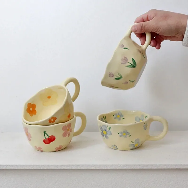 2023 ins Korean style milk yellow hand pinch irregular ceramic hand-painted cup ceramic coffee cup breakfast cup