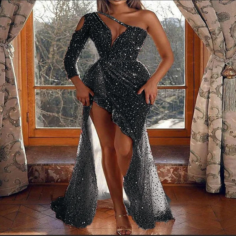 Luxury Autumn Winter Trending Women Sexy Night Club Sequins Shinning Ball Prom Gown Party Bridesmaid Dresses Golden One-Shoulder