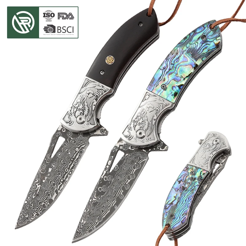 Free Sample Damascus EDC Engraved Abalone Pocket Knife Gift Ebony Wooden Handle Folding Knife Anniversary Husband Father Wedding