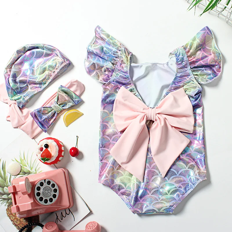 Shinny Mermaid One-Piece Cute Baby Girls Swimwear Children Swimsuit Kids Beach Suit With Swim Hat