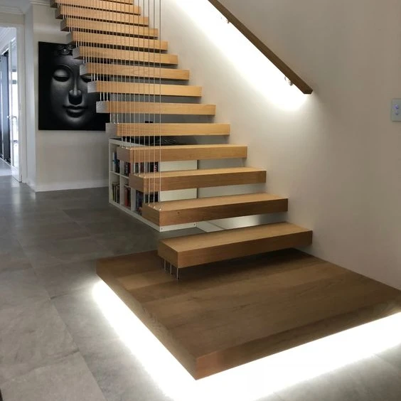 Prefabricated apartment building wood stairs design indoor wood tread floating stairs
