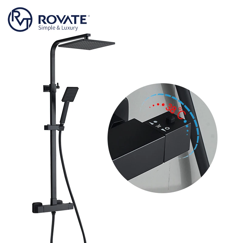 ROVATE Bathroom Black Design Thermostatic Shower Set Home Wall Mounted Thermostatic Shower Faucet Mixing Valve Shower Column