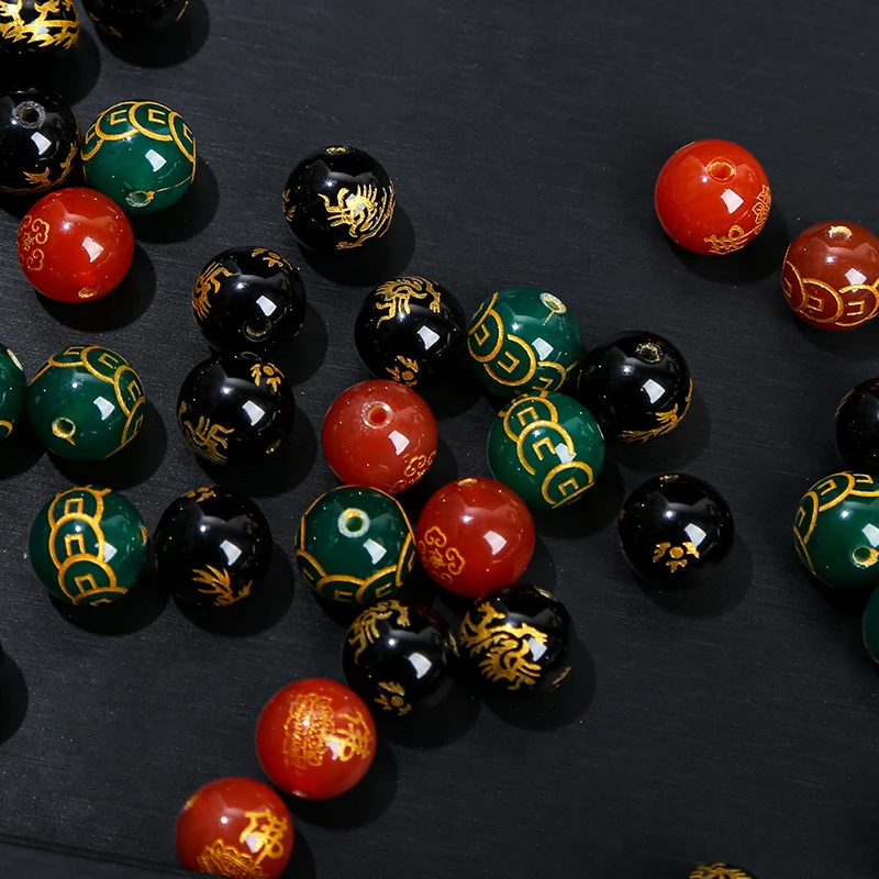 JD GEMS 8mm 10mm 12mm Round Barrel Shape Natural Stone Black Red White Green Agate With Tibetan Six Words of Mantra Loose Beads