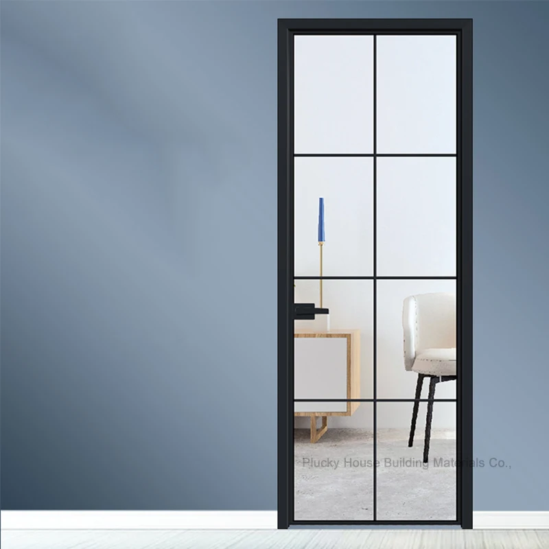 Modern Black Narrow Aluminium Frame Toilet Glass Swing Door Slim Frame Bathroom Door