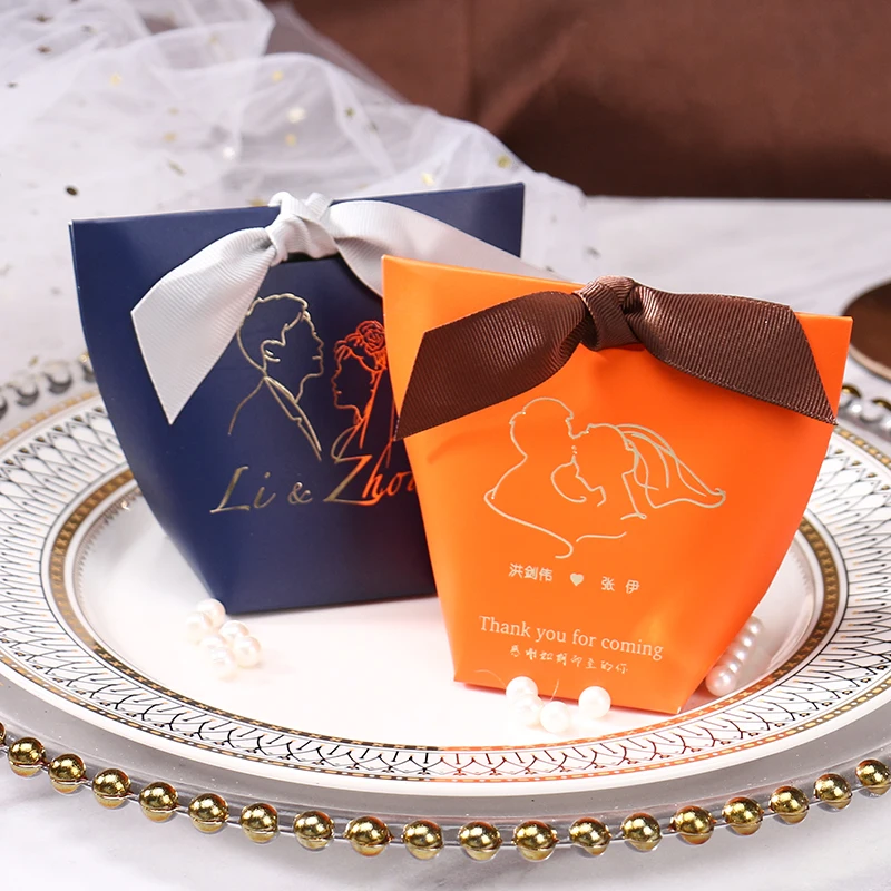 Hot Sell Folding chocolate Present White Packaging Thank You Wedding favor Small gift Ribbon bow paper Box