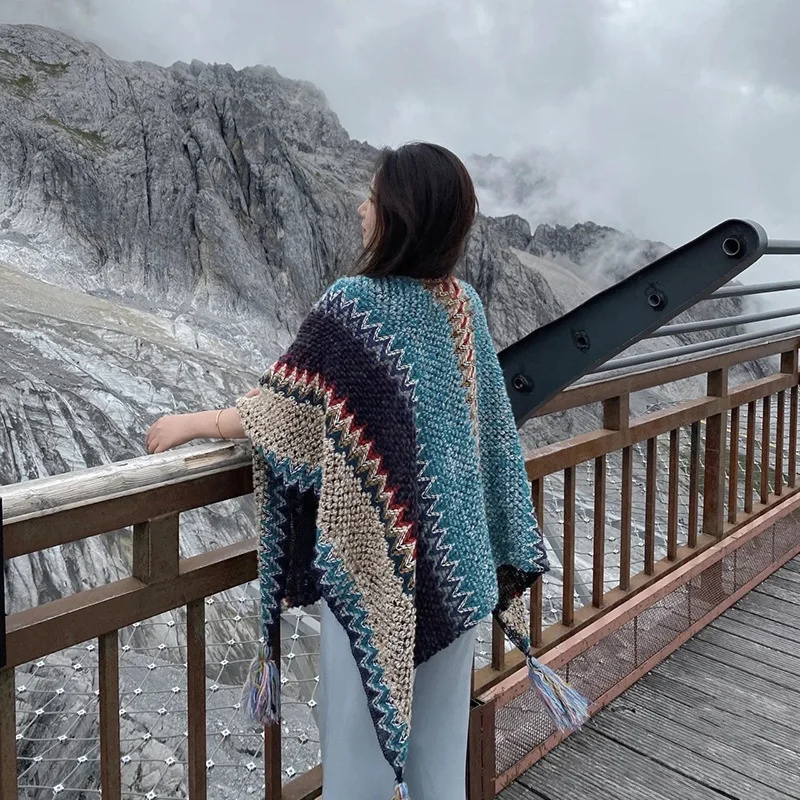 2022 Newest Winter Ethnic Wind Scarf High Quality Wool Cashmere Poncho Shawls Knitted Cover-up With Tassels Thick Cape Blanket