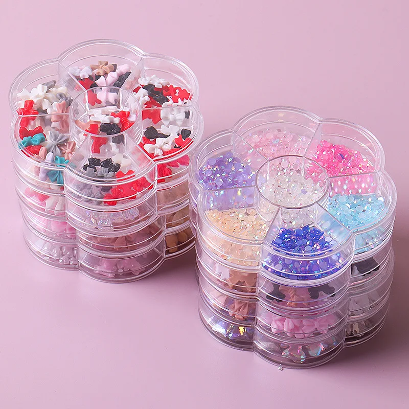 7 grids plum Resin Cream 3d nail jewelry bow flower cartoon steel ball bear heart set flat back complete Nail Art Charm kit