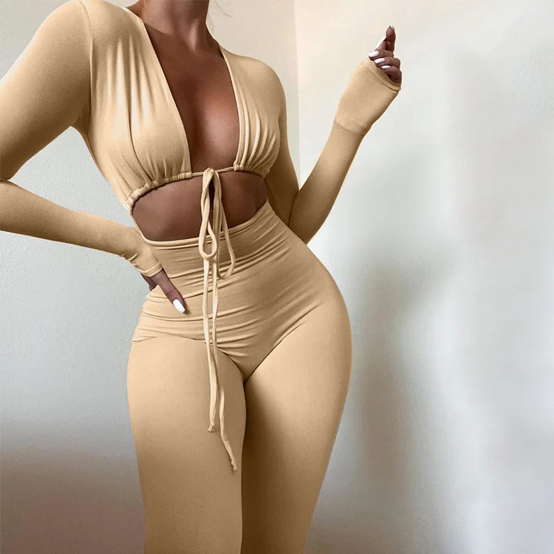 Women Summer Black Nude Khaki Beige Jumpsuits Bandage Tie Sexy Hollow Out Long Sleeve Bodycon Gothic Sexy Pants Suits Clothes