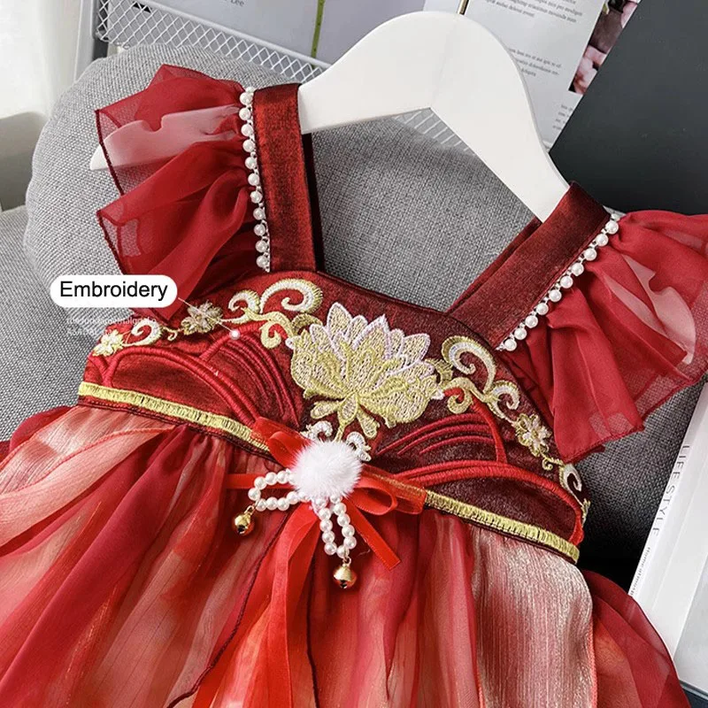 2024 Red EMB Floral Pattern Chiffon Hanfu Dress for Little Girls Traditional Chinese Pearl Decor Tang Dress for Summer Parties