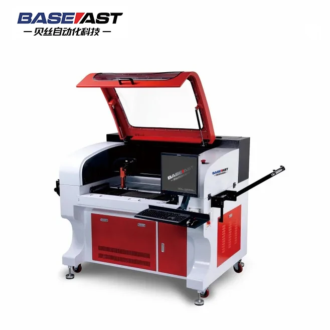 Baseast Manufacturer Laser Double Working Table Camera Visual Recognized Roll To Roll Ribbon Webbing Label Cutting Machine