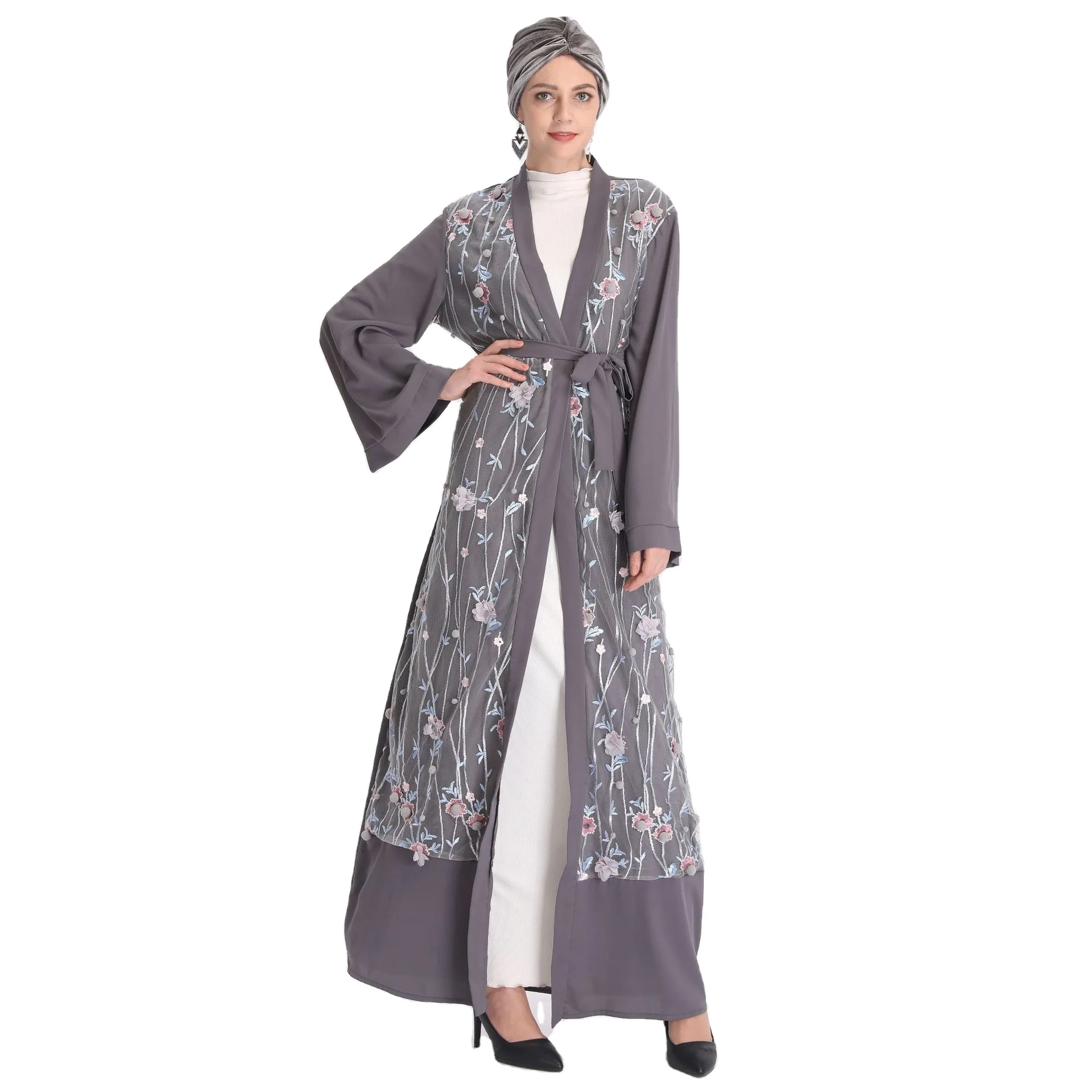 Wholesale Flower Embroidered Islamic Clothing Middle East Dubai Turkish Design Long Muslim Dress Kaftan Abaya For Women