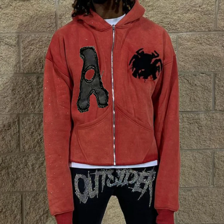 Hoodie Fashion Distressed Embroidery Patch Hoodie Cropped Designer Washed Y2K Rhinestone Vintage Zip Up Hoodies Men