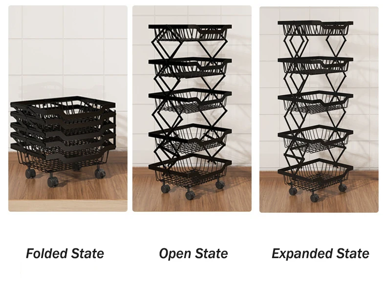 Multifunction Metal Creative Kitchen Folding 3/4/5 Tiers Vegetable Fruit Storage Rack Cart Spice Bottle Rack Storage Baskets