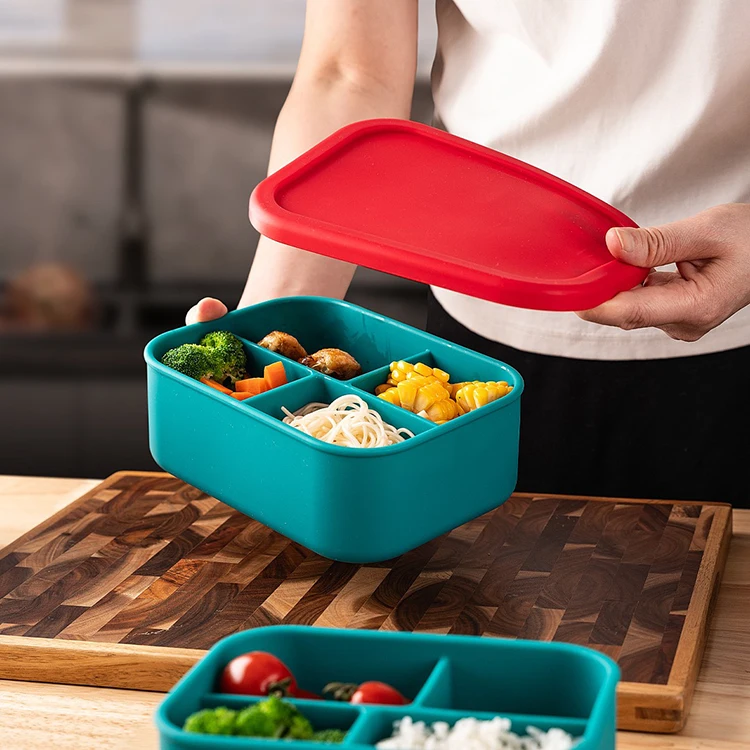 Portable 4 compartment  BPA Free  Baby Food Containers  Silicone Bento kids lunch Box Set