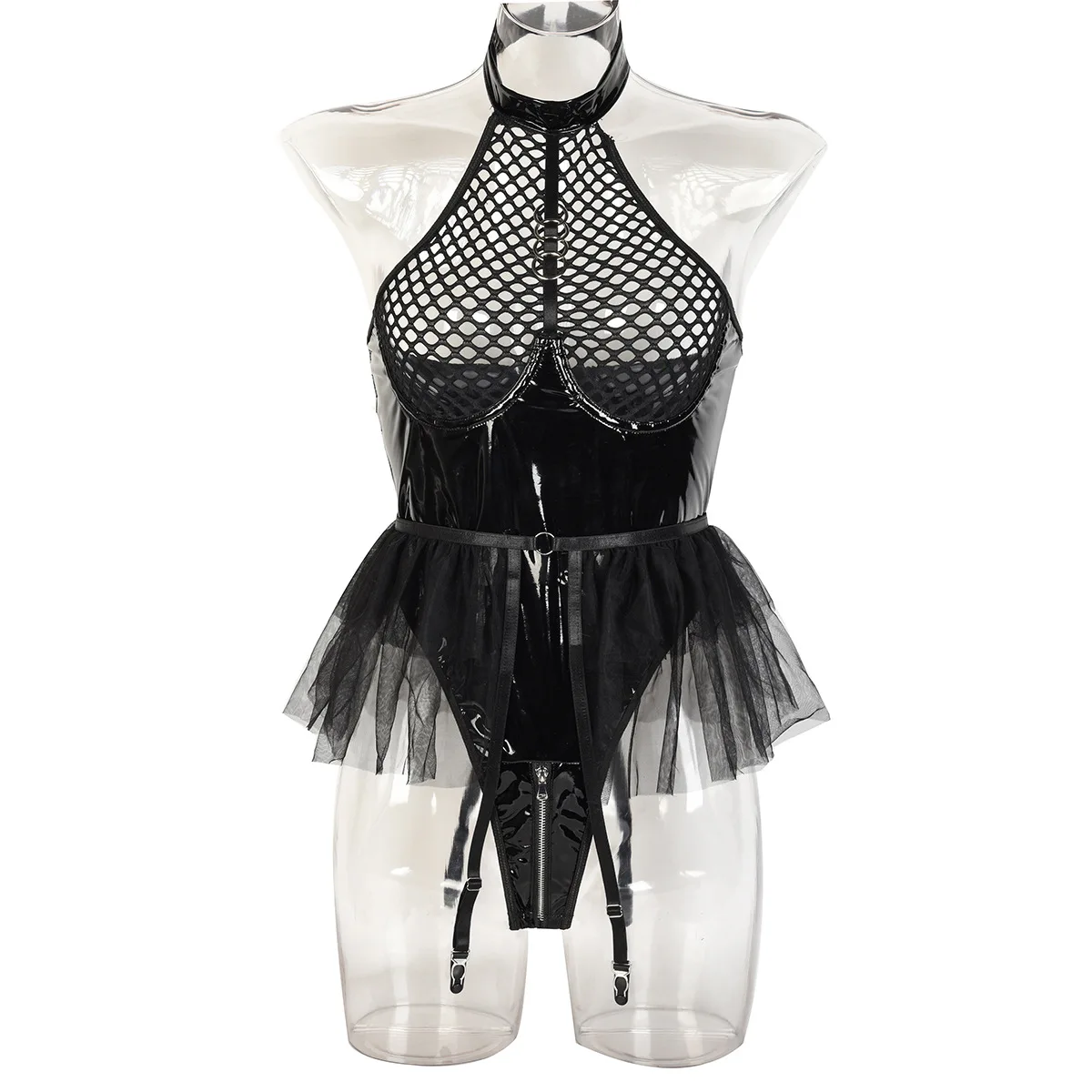 Wholesale Underwear Mesh And Leather Patchwork Bodysuit 1 Piece Set Women Hanging Neck Sexy Lingerie