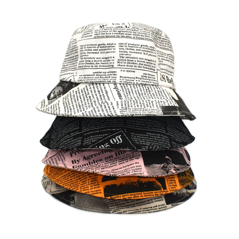 Custom Summer Cotton Casual Flat Top Printed Newspaper Scrawl Bucket Hats Individuation Designer Fashion Women Fisherman Caps