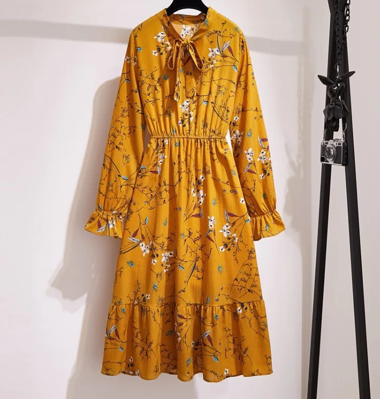 Floral Dress Girls In Stock Chiffon Long Sleeve Bohemian Fitted Waist Pleated Casual Long Dress Wholesale