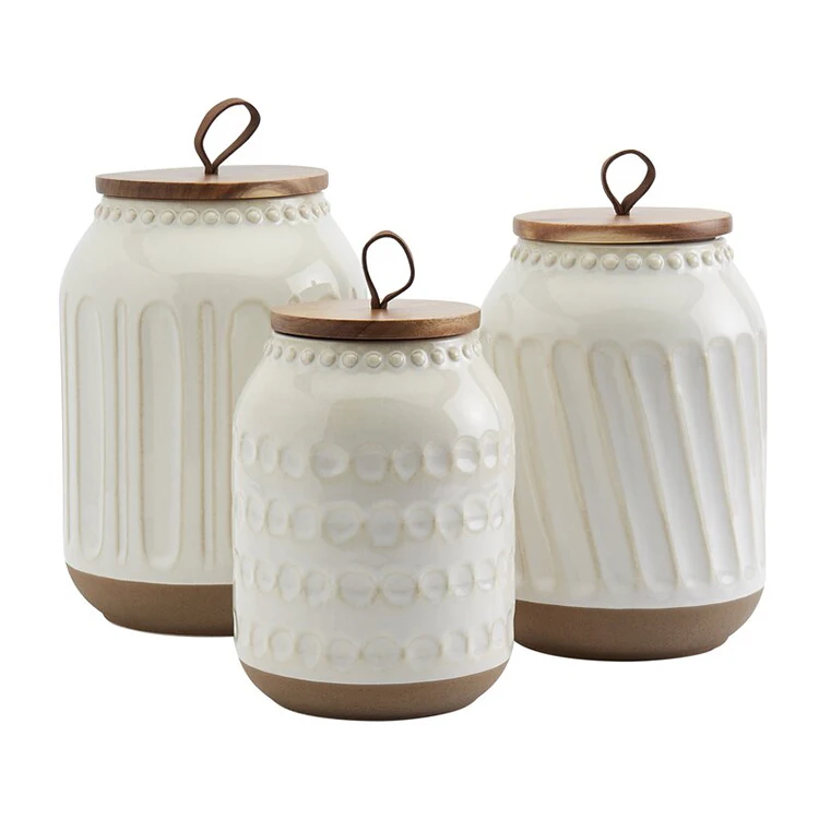 Retro style embossed white color candy cookie food storage jar ceramic jars with bamboo lid