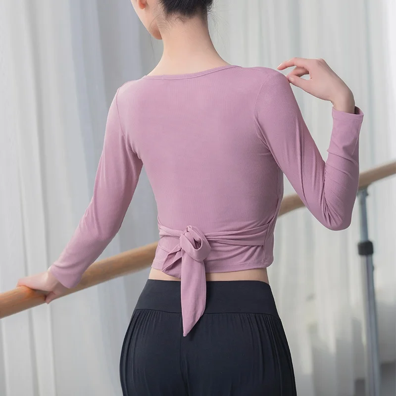 
Modern dance yoga costume Ice silk long sleeve V-neck lace-up dance tops 