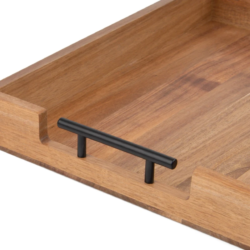 High Quality Wooden Serving Tray With Metal Handle Rectangle Acacia Wood Tray For Home Restaurant Hotel