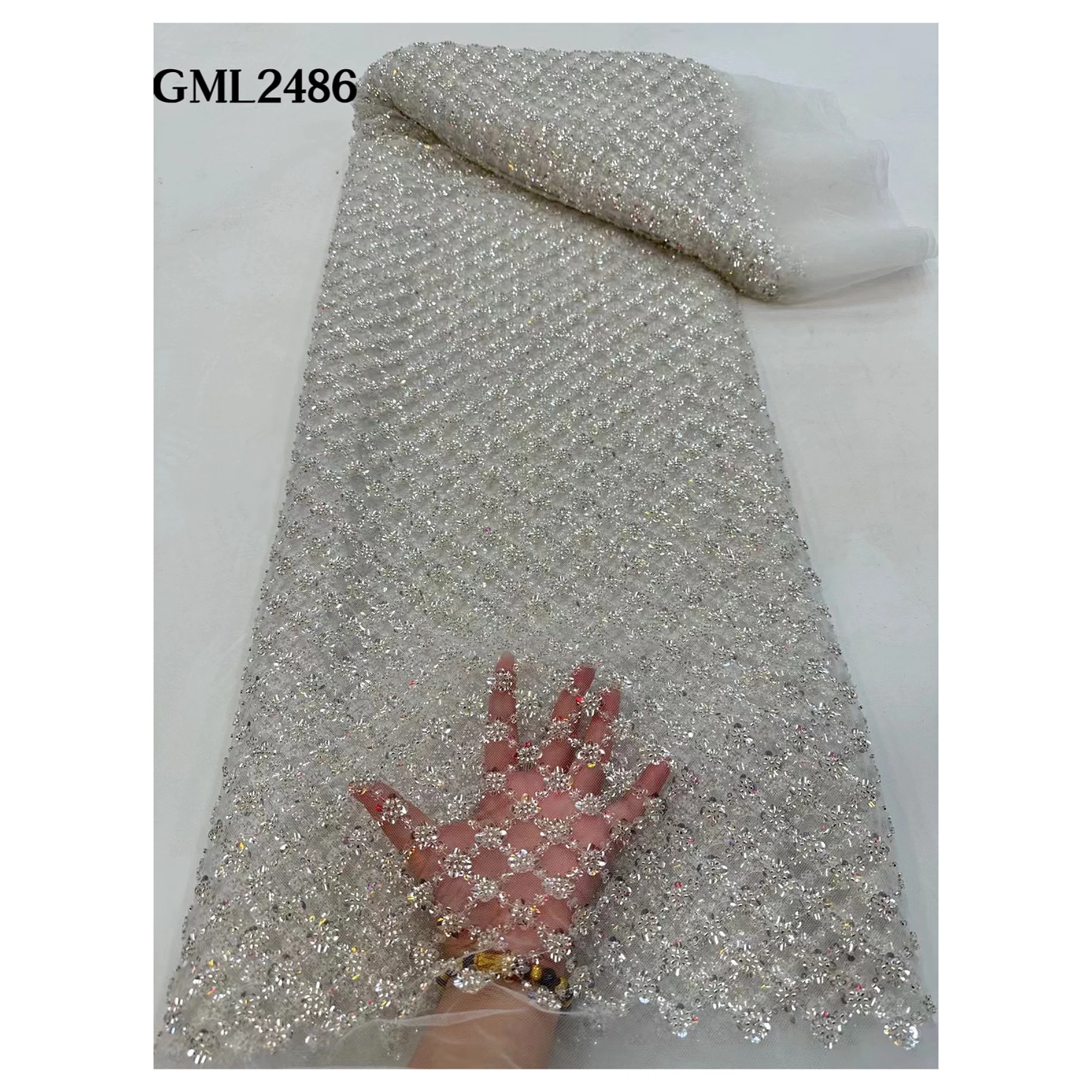 Хит продаж плотные бисерные блестки роскошная Свадебная кружевная ткань для свадебного платья чистая белая вышитая с блестками