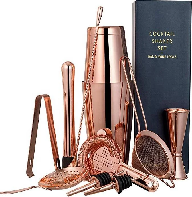 11 Pcs Custom logo Luxury Rose Gold/Black Strainer Kit Boston Shaker Bar Set Bartender Tools Cocktail Shaker For Bar Home Gift
