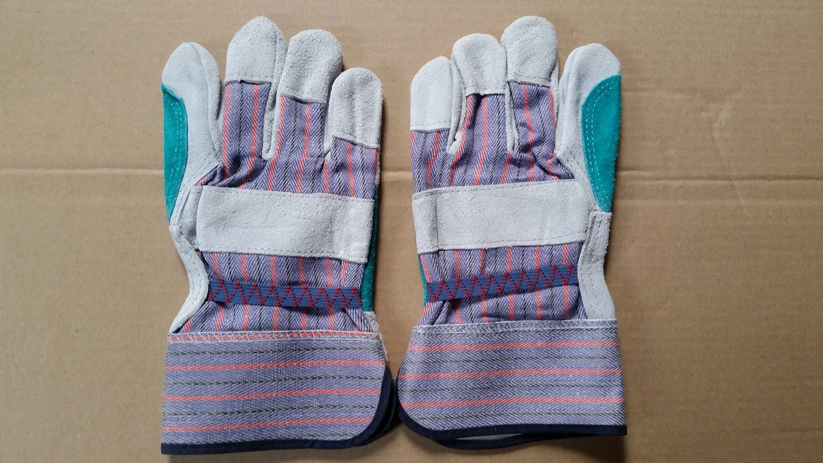 Hot sale welding gloves reinforced double palm leather cow split leather candy strip work gloves