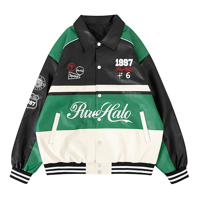 Custom Material Retro Lettermen Bomber Racing Jacket Color Blocking Heavy Duty Racing Suit Motorbike Jacket For Men