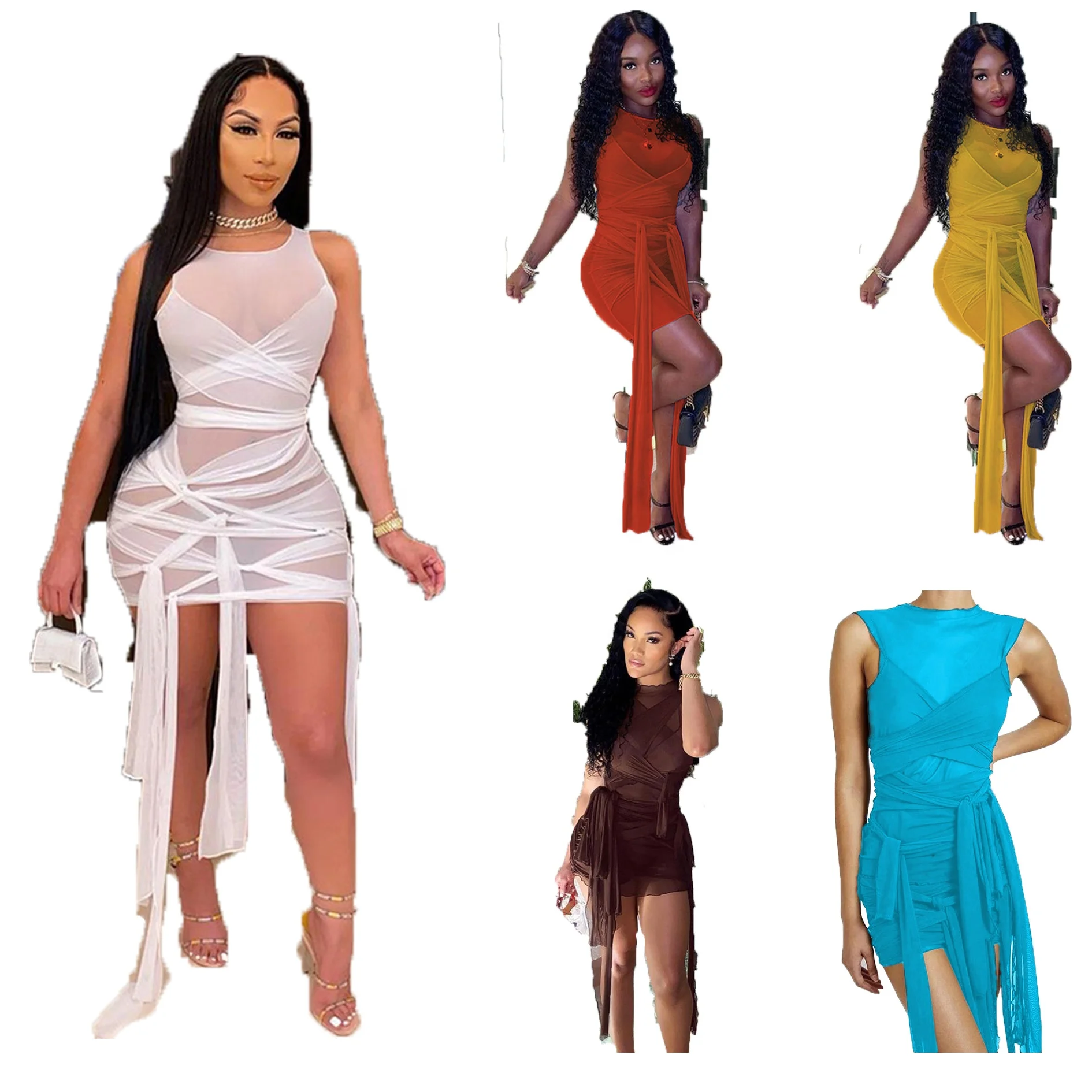 Новинка 2021 лидер продаж женский наряд мини однотонное прозрачное Клубное платье без рукавов с лентами Сетчатое Бандажное вечернее женское