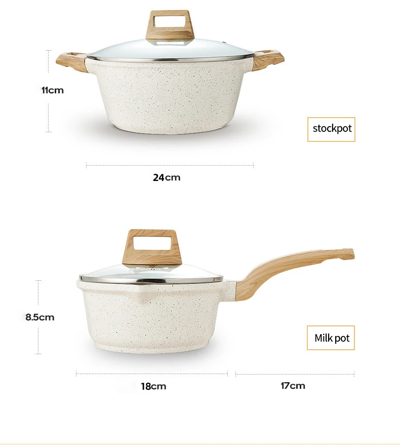 2023 new Wholesale 4pcs wheatstone coated non-stick cookware Wooden handle soup pot frying pan wok milk pan cookware set