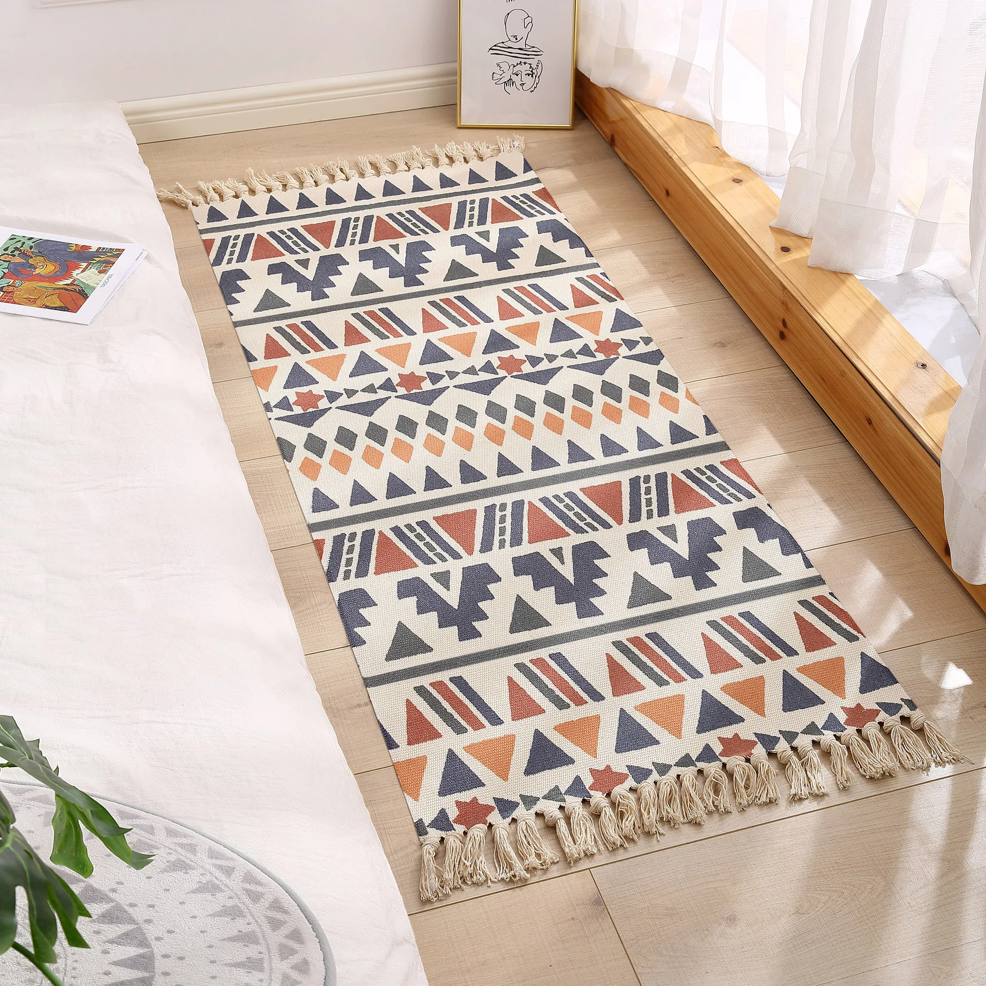 Bedroom tatami bedside mat Home living room tassel carpet polyester cotton woven printed floor mat