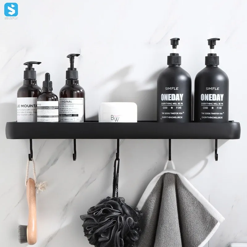 Spacer aluminum Matte Black Bathroom Shelf Storage Rack Holder Wall Mounted Shampoo Spices Shower Organizer Bathroom Accessories
