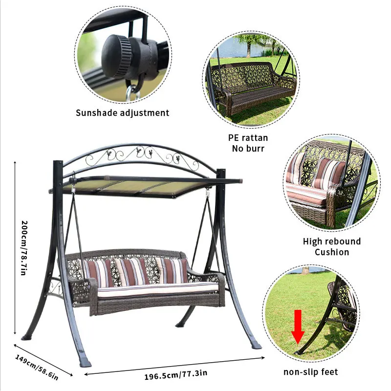 Outdoor Leisure Three Seat Hanging Swing Chair Garden Patio Cane Rocking Chair